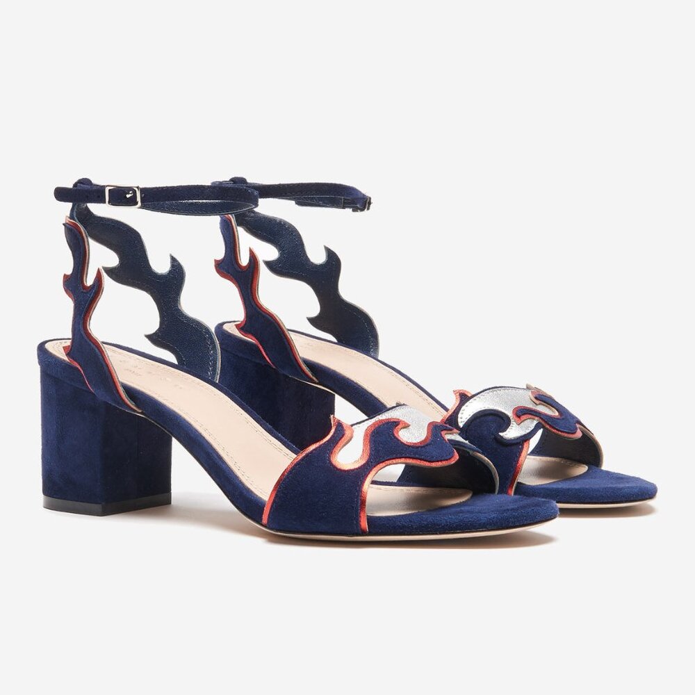 Sandro Navy Blue Suede Flame Ankle-Strap Block Heel Sandals with Red Trim